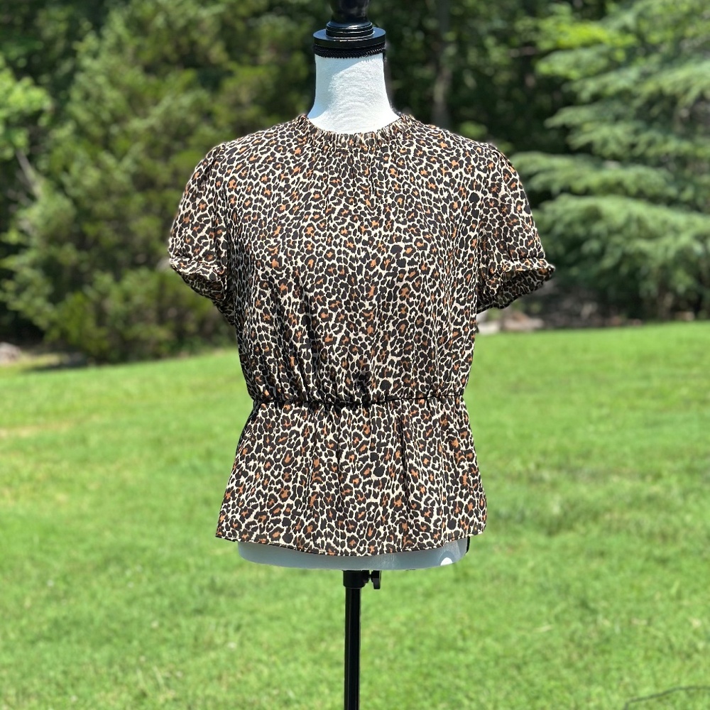 J. CREW Ruffle Neck Leopard Print Chiffon Peplum Blouse Size Small